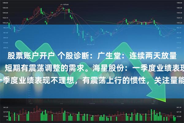 股票账户开户 个股诊断：广生堂：连续两天放量上涨，冲破压力有难度，短期有震荡调整的需求。海星股份：一季度业绩表现不理想，有震荡上行的惯性，关注量能变化（杨勇）